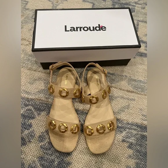 NWT Larroude Milan Flat Sandal in Beige Raffia - Size 9 - Picture 4 of 7